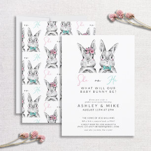He or She What Will Baby Be Gender Reveal Bunny Invitation