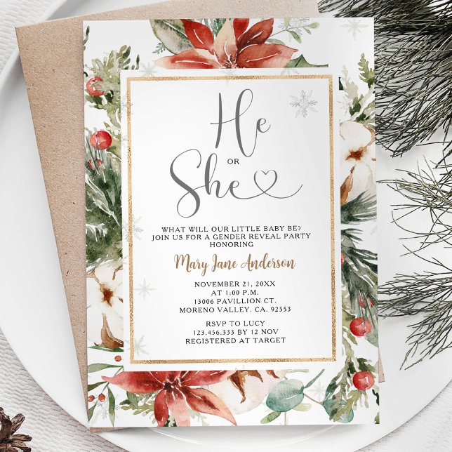 He or She Winter Christmas Floral Gender Reveal Invitation (Creator Uploaded)