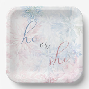 He or She Winter Pink Blue Snowflake Paper Plate
