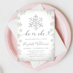 He or She Winter Snowflake Baby Shower Invitation