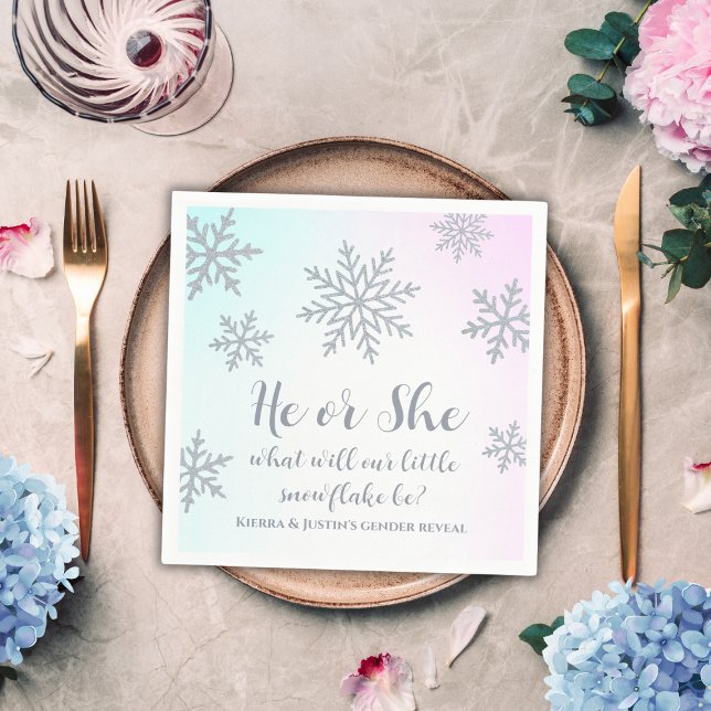 He Or She Winter Wonderland Gender Reveal Party Napkin (winter wonderland gender reveal party napkins silver glitter snowflake baby pink and blue)