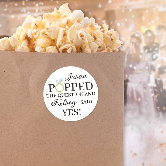 He Popped the Question Diamond Ring Popcorn Favour Classic Round Sticker (Creator Uploaded)