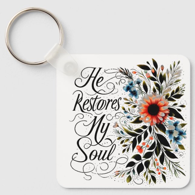 He restores my soul floral monogram key ring (Front)