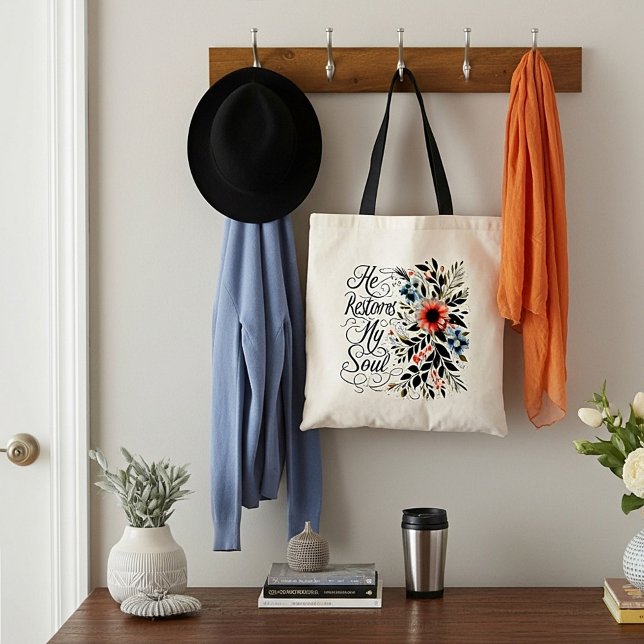 He restores my soul floral tote bag (Creator Uploaded)