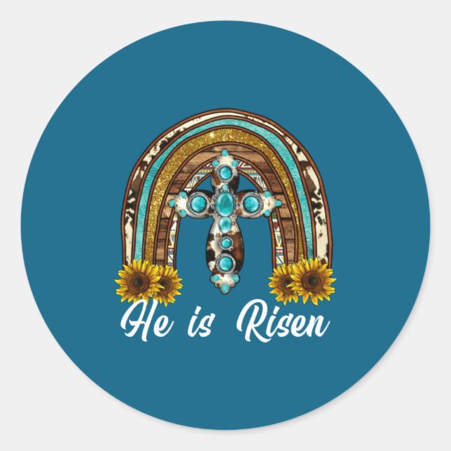 He Risen Leopard Sunflower Cross Classic Round Sticker (Front)