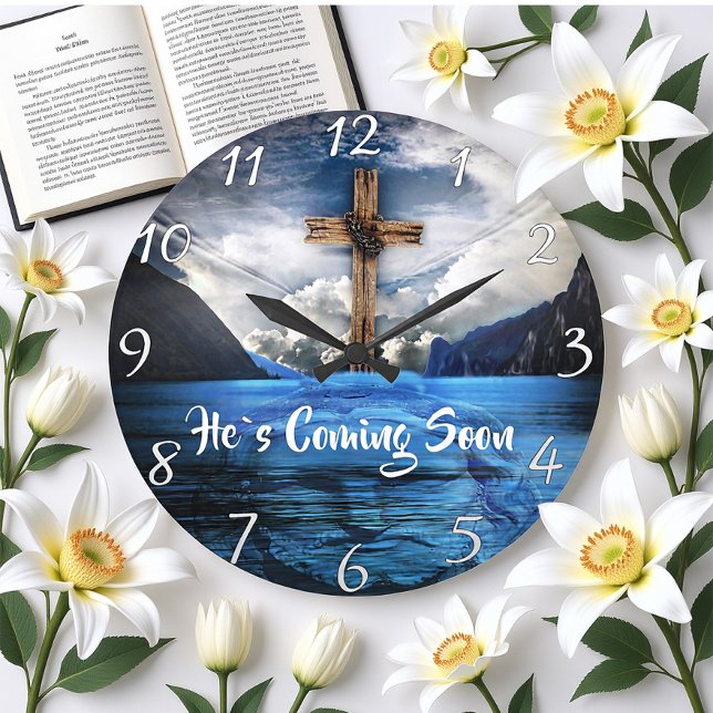 HE`S COMING SOON Jesus in the rippling water Large Clock (Creator Uploaded)