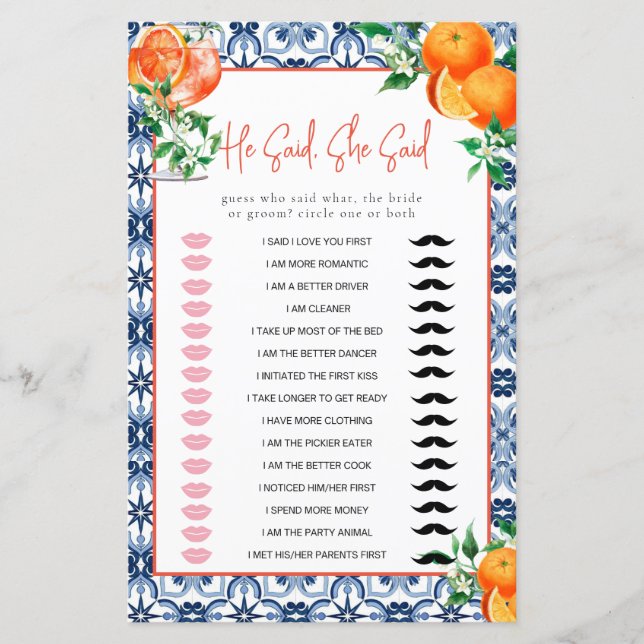 He Said, She Said Aperol Spritz Bridal Shower Game (Front)