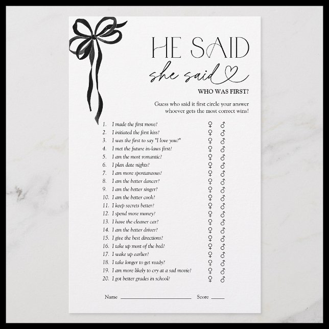He Said She Said Black Bow Bridal Shower Game (Creator Uploaded)