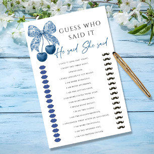 He said She said Blue Bow Bridal Shower Game
