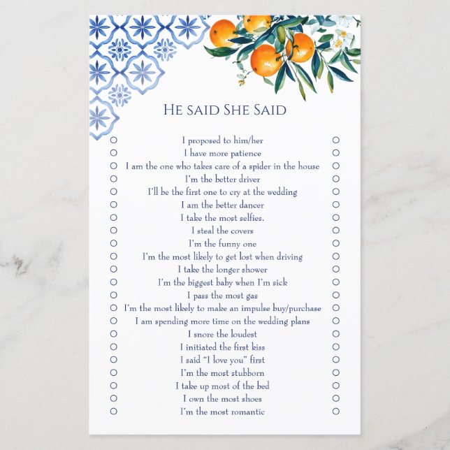 He said she said blue talavera citrus bridal games (Front)
