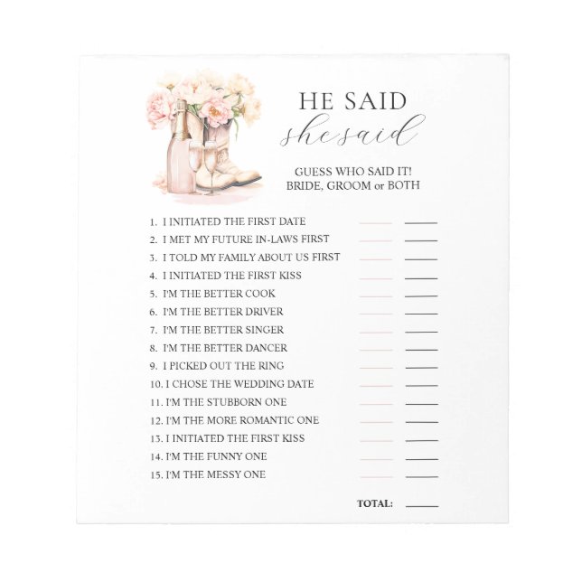 HE SAID SHE SAID Boots Bubbly Bridal Shower GAME Notepad (Front)