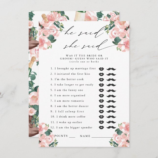 He Said, She Said Boots & Bubbly Party Game Enclosure Card (Front/Back)