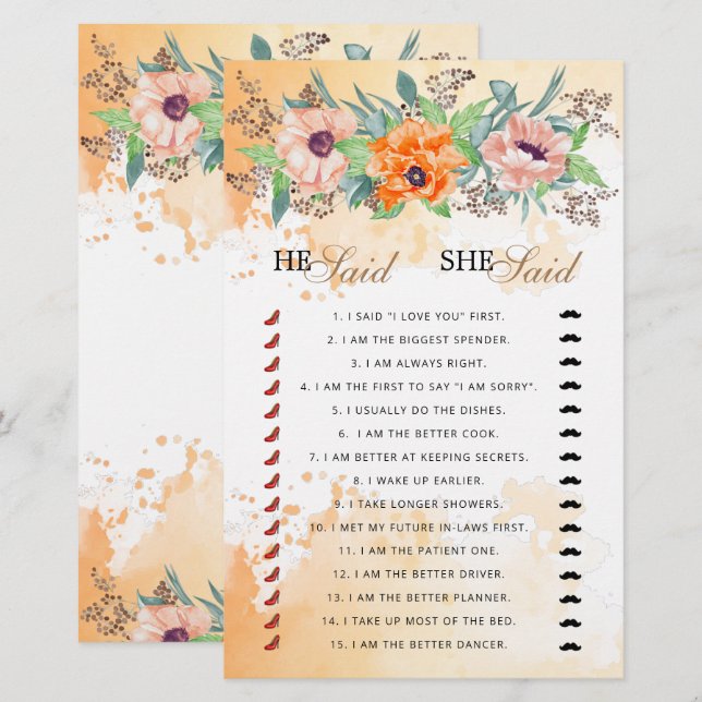 He said she said bridal shower game (Front/Back)