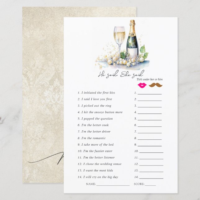 "He Said, She Said" Bridal Shower Game (Front/Back)
