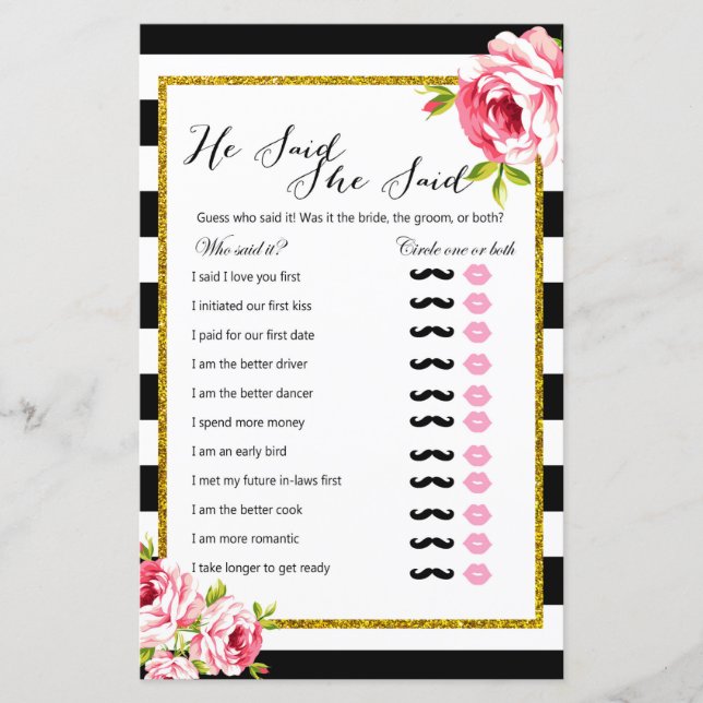 He Said She Said - Bridal Shower Game (Front)