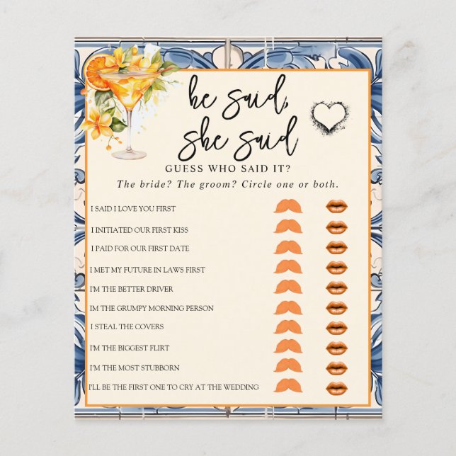 He Said She Said | Bridal Shower Game  (Front)
