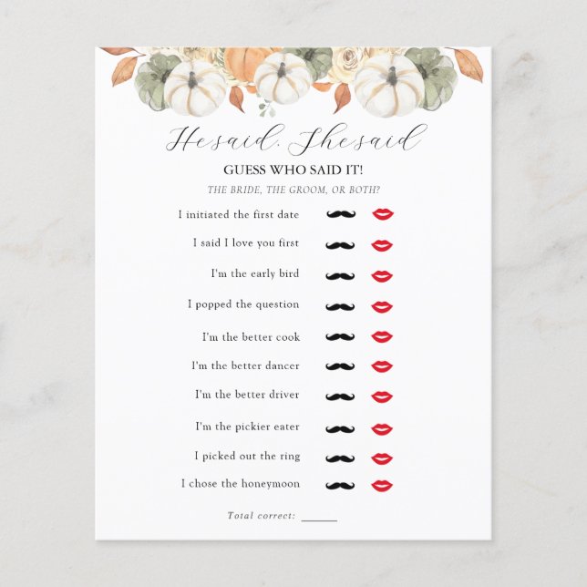 He Said, She Said Bridal Shower Game (Front)