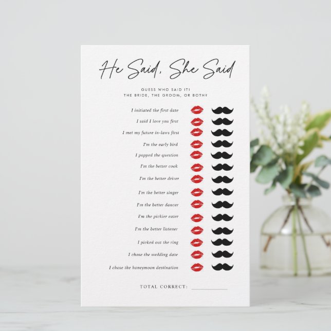 He Said, She Said Bridal Shower Game (Standing Front)