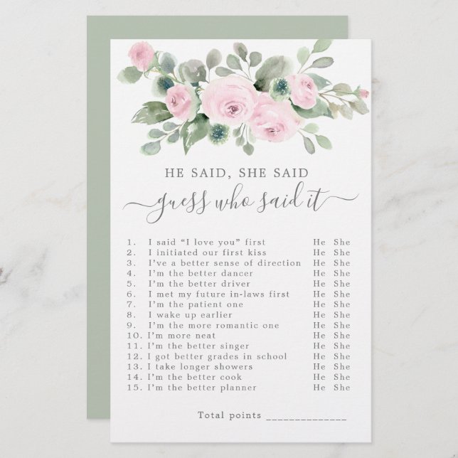 He Said She Said Bridal Shower Game (Front/Back)