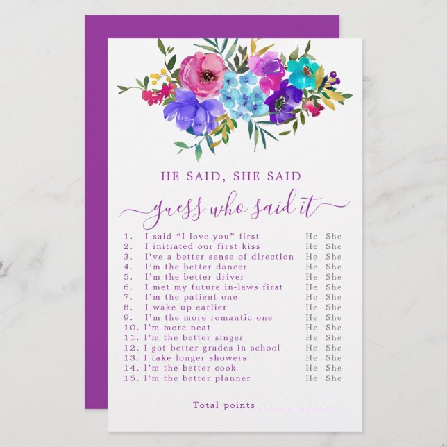 He Said She Said Bridal Shower Game (Front/Back)