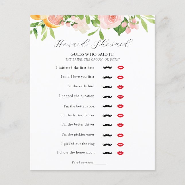 He Said, She Said Bridal Shower Game (Front)