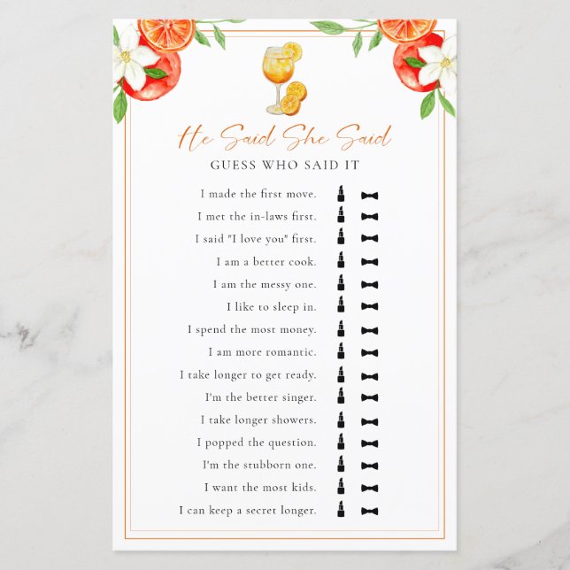 He Said She Said Bridal Shower Game Aperol Spritz (Front)