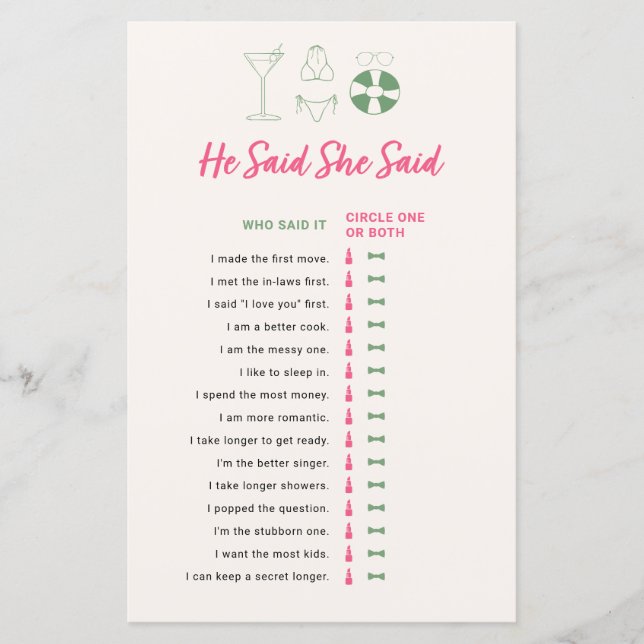 He Said She Said Bridal Shower Game Bikinis Pool (Front)