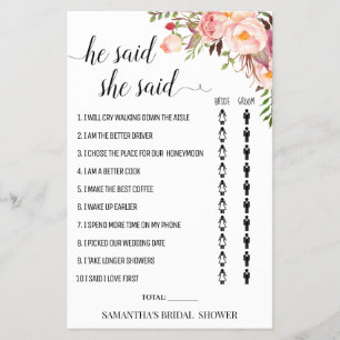 He said She said Bridal Shower game card