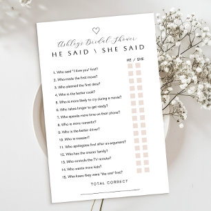 He Said She Said Bridal Shower Game Card