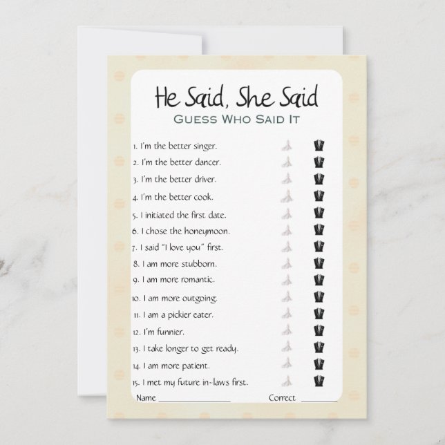 He Said She Said Bridal Shower Game Invitation (Front)