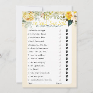 He Said She Said Bridal Shower Game Invitation