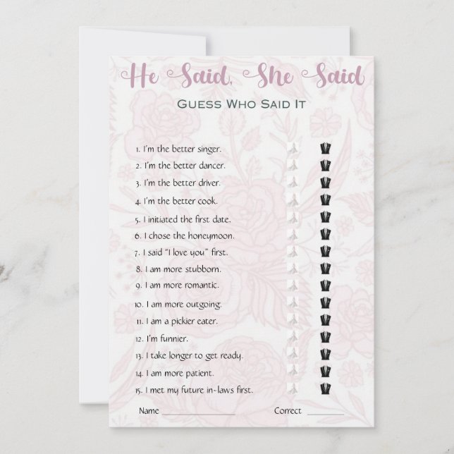 He Said She Said Bridal Shower Game Invitation (Front)