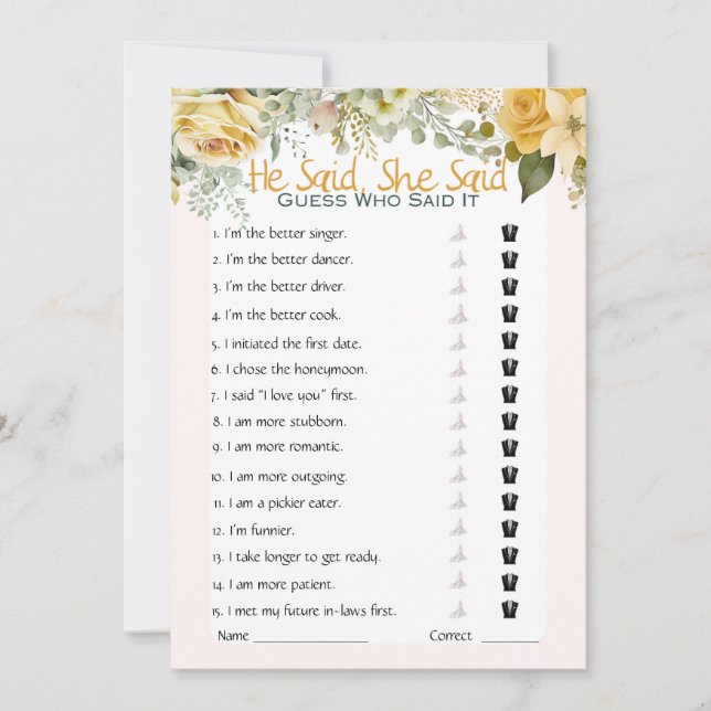 He Said She Said Bridal Shower Game Invitation (Front)
