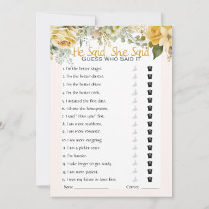 He Said She Said Bridal Shower Game Invitation