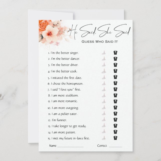 He Said She Said Bridal Shower Game Invitation (Front)