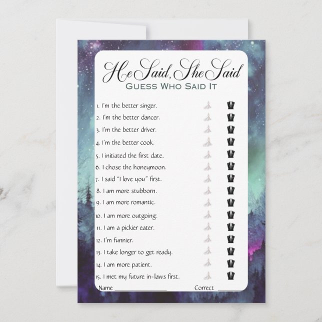 He Said She Said Bridal Shower Game Invitation (Front)