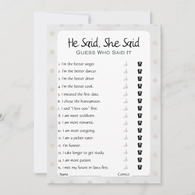 He Said She Said Bridal Shower Game Invitation (Front)