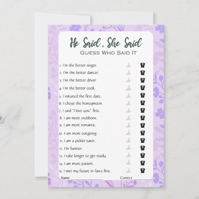 He Said She Said Bridal Shower Game Invitation (Front)