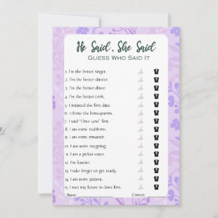He Said She Said Bridal Shower Game Invitation