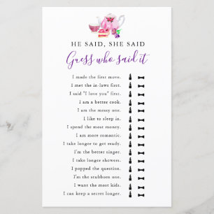 He Said She Said Bridal Shower Game Tea Purple