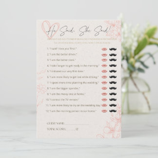 He Said She Said Bridal Shower Game Wedding Party Advice Card