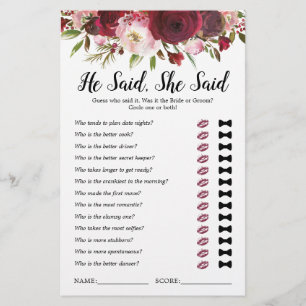 He Said She Said Burgundy Bridal Shower Game
