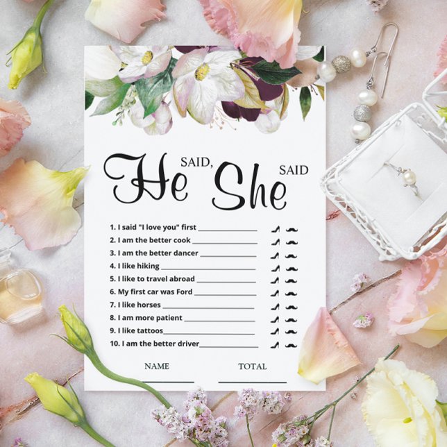 He said She said Burgundy Floral Bridal Game (Creator Uploaded)
