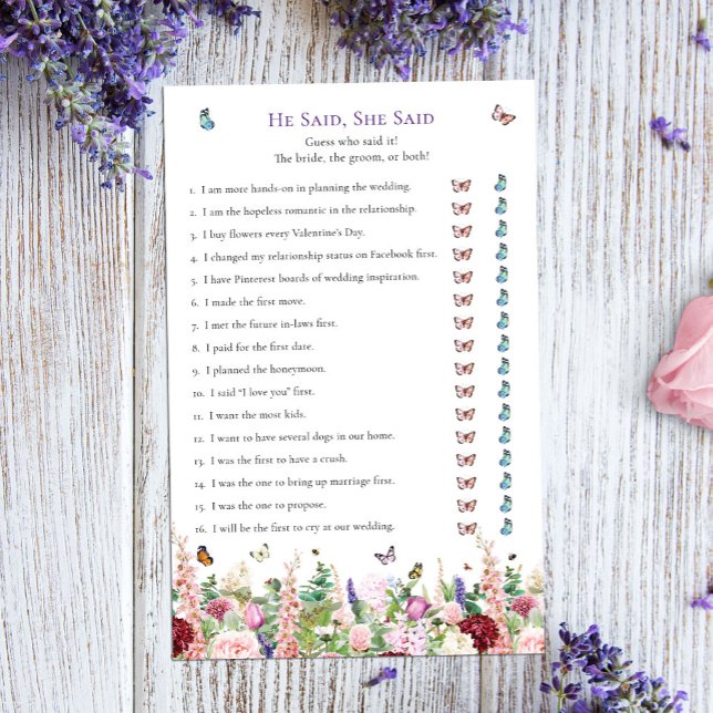 He Said, She Said Butterfly Bridal Shower Game (Creator Uploaded)