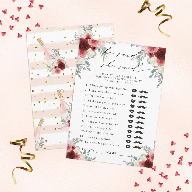 He Said, She Said Champagne Floral Party Game Enclosure Card (Creator Uploaded)