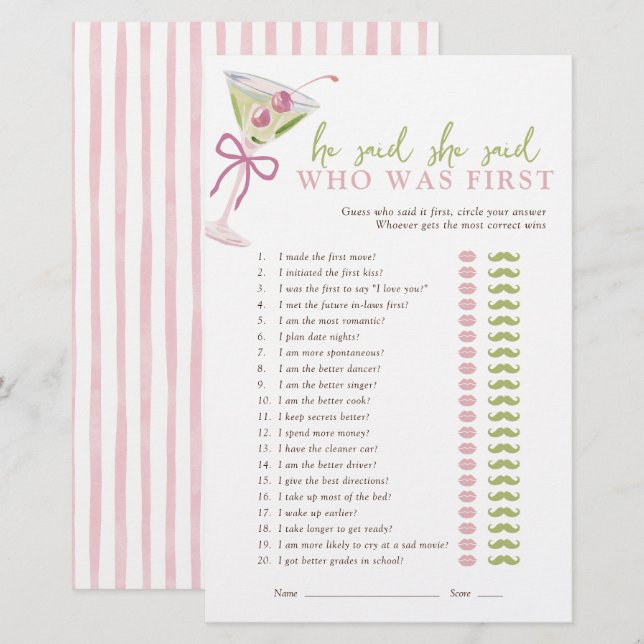 He Said She Said Chic Martini Bridal Game (Front/Back)