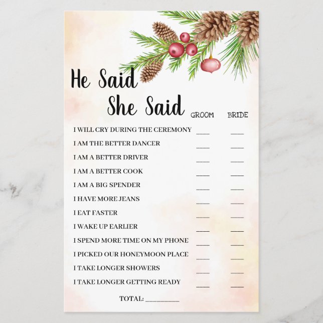 He Said She Said Christmas Bridal Shower Game Card (Front)