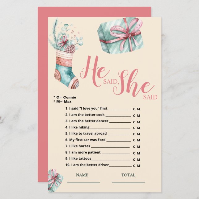 He said She said Christmas Stocking Bridal Game (Front/Back)
