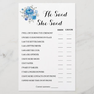 He Said She Said Couple Shower Game Card