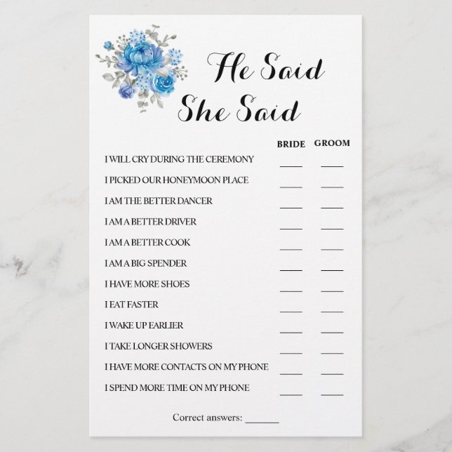 He Said She Said Couple Shower Game Card (Front)